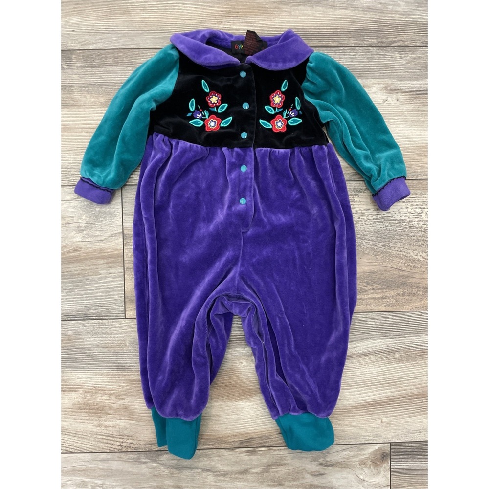 Vintage 90s Gymboree Velour Floral Romper Colorblock Infant 6-12 Months RN 70350